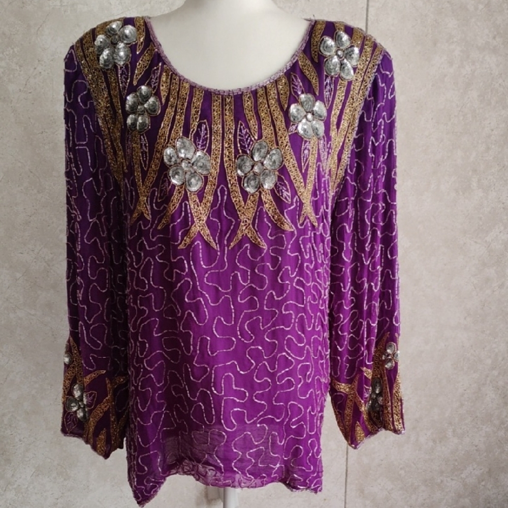 Elegant Purple and Gold Embellished Blouse